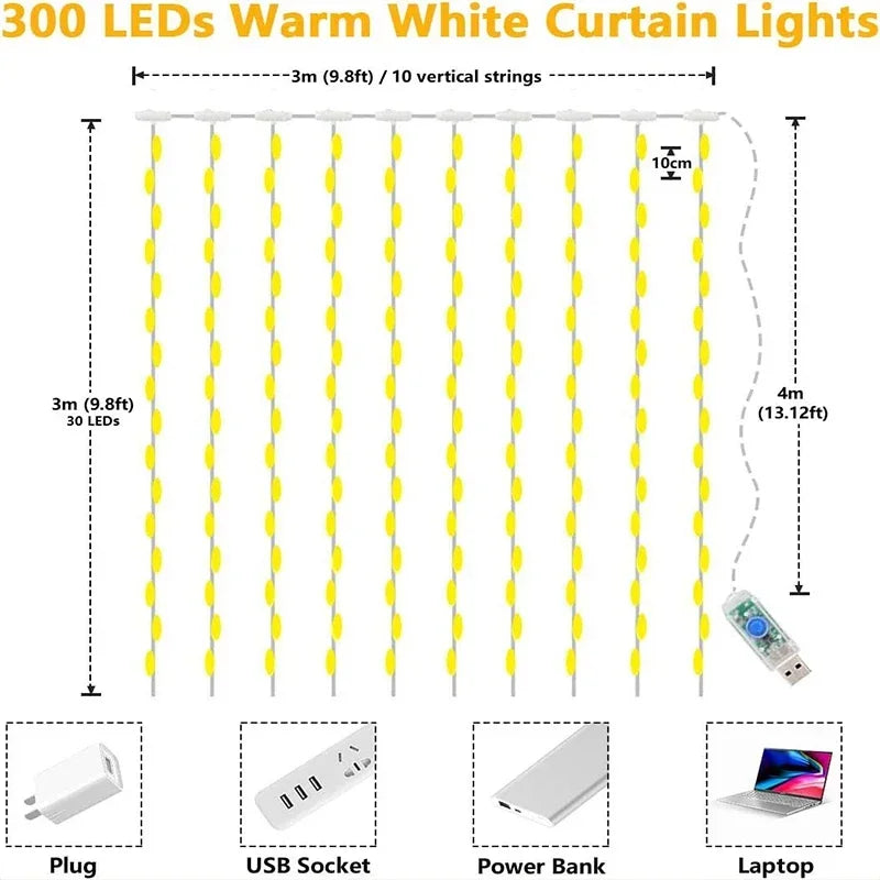 Cortina de Luces LED 3M: Decoración Encantadora para Todas las Ocasiones